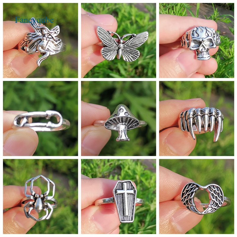 Fancyqube Cincin Desain Tengkorak Hati Bunga Malaikat Warna Silver Gaya Hip Hop Untuk Wanita