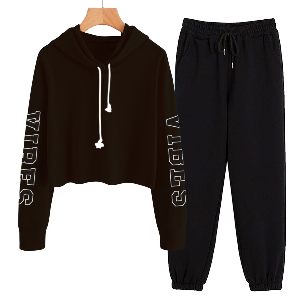 BESS - Baju Setelan Wanita Murah / Setelan Hoodie Crop + Jogger Hitam - VIBE TANGAN