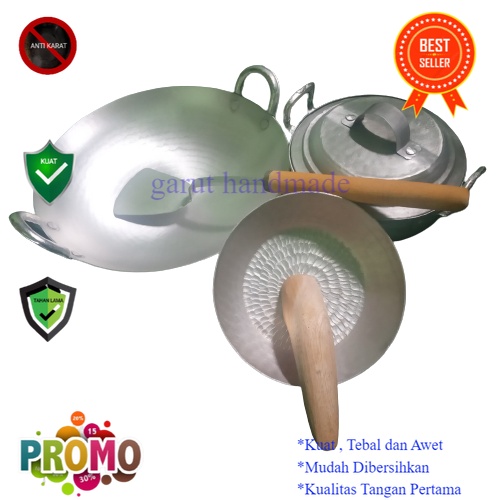 [ Paket Memasak Terlaris ] Wajan Kuali Penggorengan Set Panci Sayur dan Cobek Ulekan Aluminium Garut