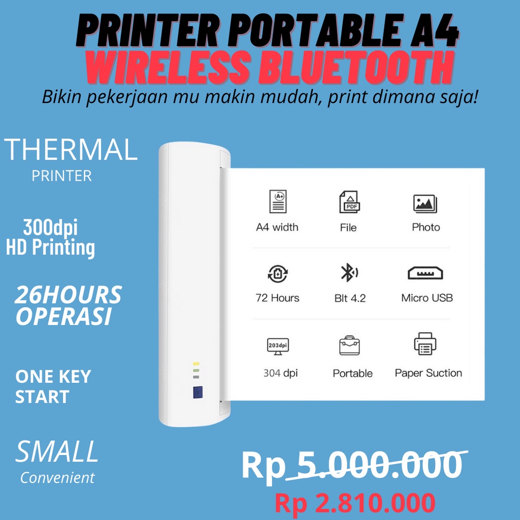 Printer Portable A4 Usb Mini Bluetooth Wireless Support Pdf Documents Photos