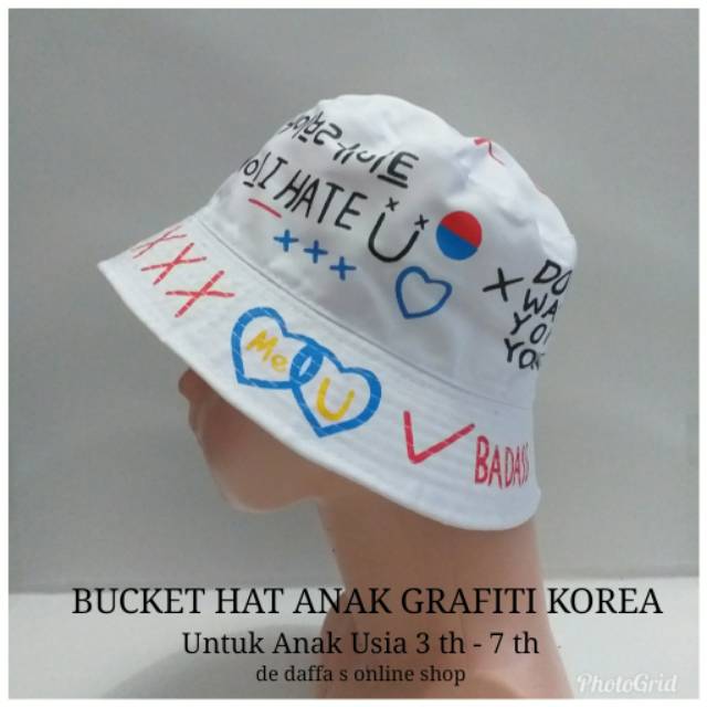 Topi Bucket Hat Anak Graffiti Korea / fisherman -  HITAM