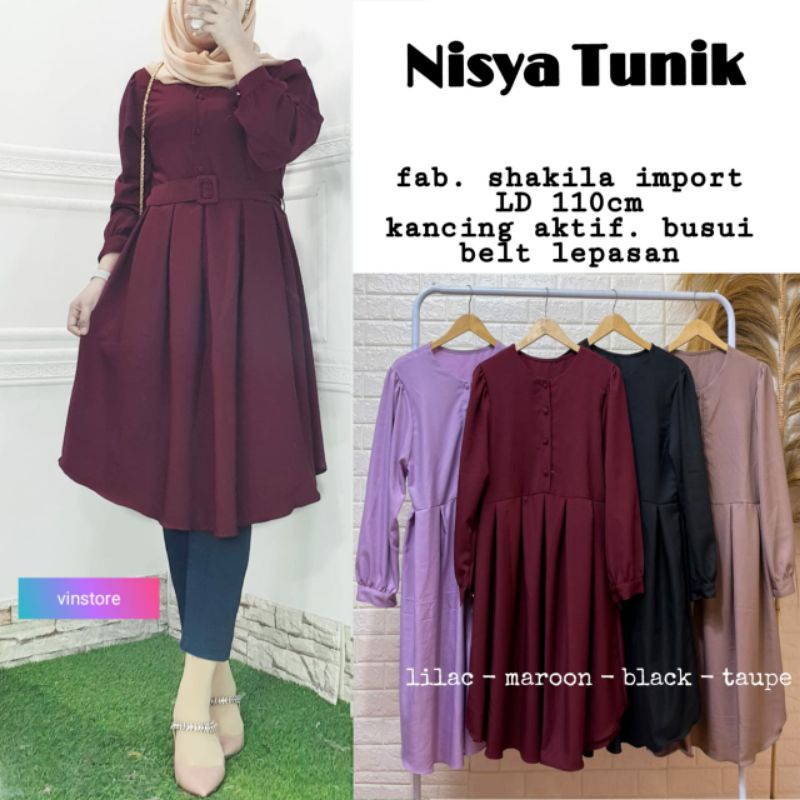 NISYA TUNIK by Vinstore / Tunic / Belt / Baju Maroon Lilac Black / Tunik Belt