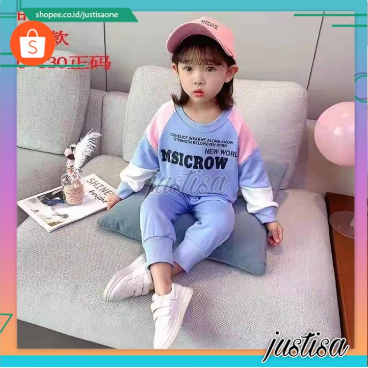 Promo !! Setelan baju lengan panjang - setelan new word msicrow import uk 1-5thn (putih, biru, pink)