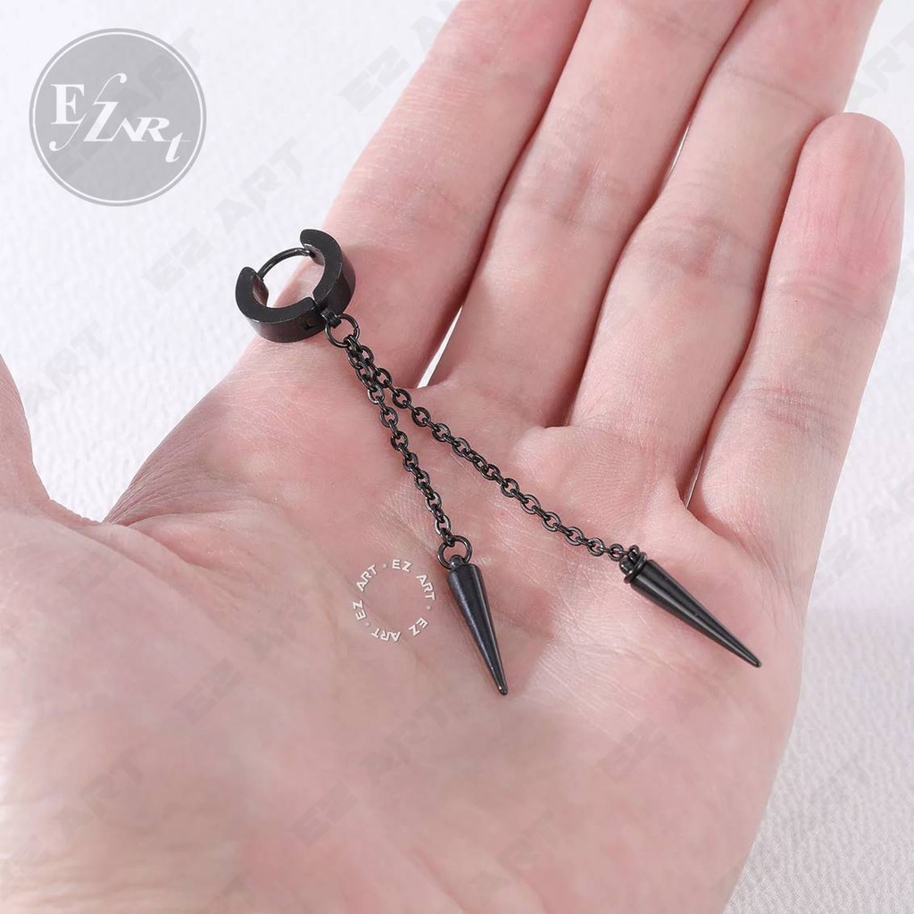 1Pc EZ-2SPIKE ANTING DOUBLE SPIKE RANTAI PANJANG GANDA SILVER HITAM JEPIT TUSUK PRIA WANITA KPOP BTS