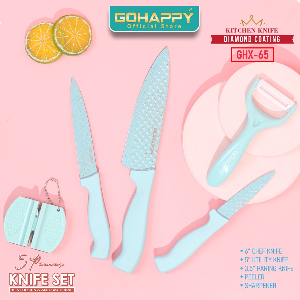 PISAU SET 5 PC DIAMOND GOHAPPY PINK OR TOSCA Pisau Tajam knife set 5 IN 1 anti bacterial (GHX65)