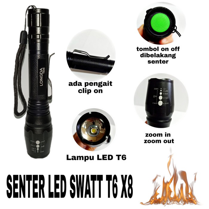 SENTER LED SWATT T6 X8 2 BATREI SUPER TERANG LONGDA