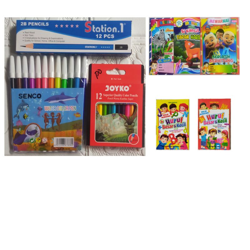 

paket lengkap buku mewarnai+buku belajar menulis+pensil 2b+pensil warna dan spidol