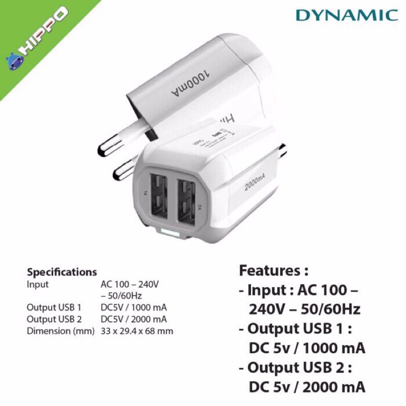 HIPPO Dynamic Adaptor Charger VP / SP Batok Charger Dual USB Garansi Original Resmi