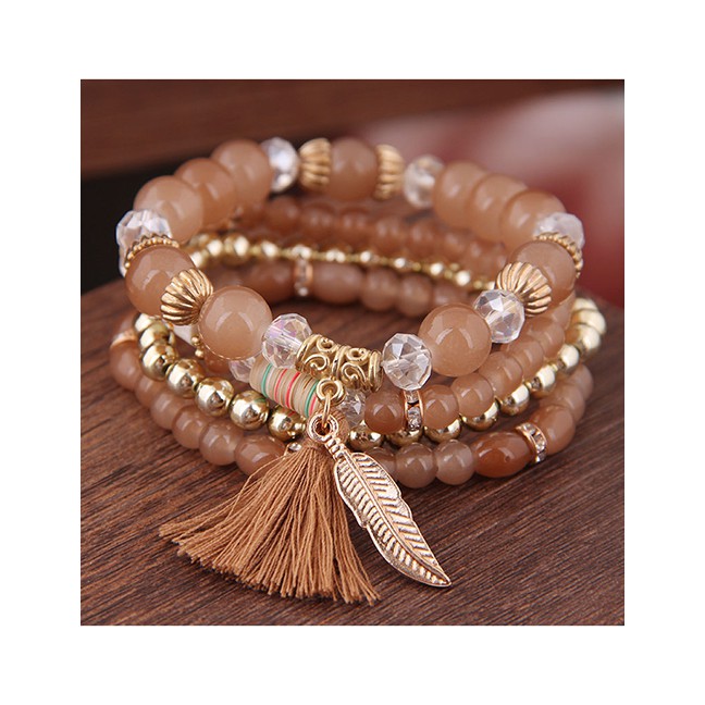 LRC Gelang Fashion Acrylic Beaded Fringe Leaf Multilayer Bracelet A59542