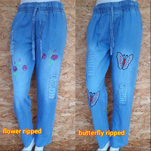 Celana Panjang Baggy Flower Ripped &amp; Butterfly Ripped / Baggy Ripped Bordir Murah / Baggy Motif