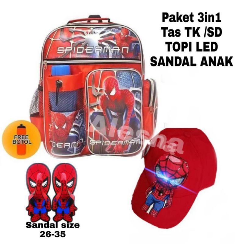 3IN1 Tas ransel anak TK/SD + topi LED + sandal anak Spiderman