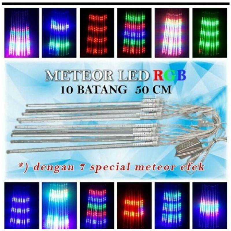 lampu meteor 50 cm isi 10 batang RGB 220 v