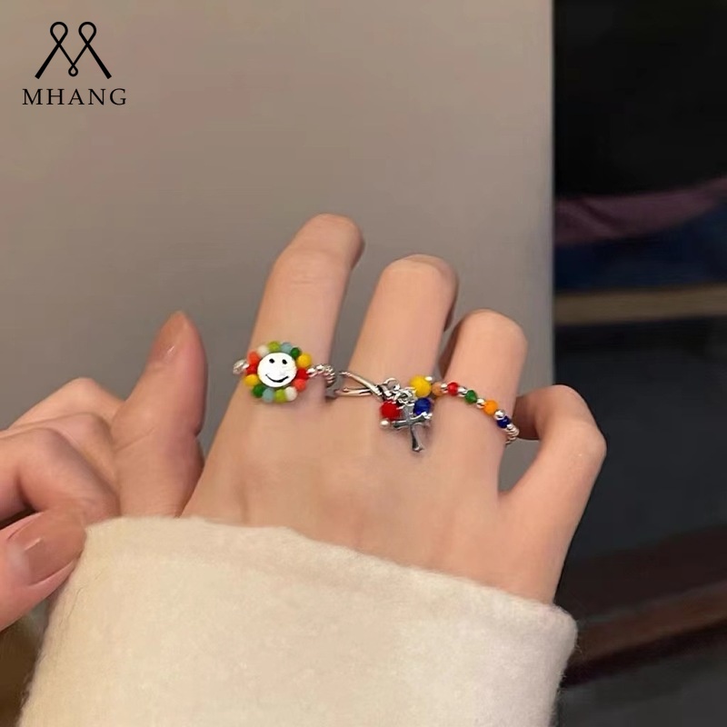 Cincin Silver Hias Liontin Salib Manik-Manik Smiley Warna-Warni Gaya Korea