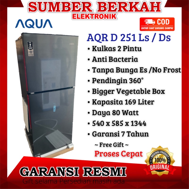 kulkas 2 pintu AQUA AQR D251 no frost 80watt aqr d 251 (DS / LS) promo murah bandung