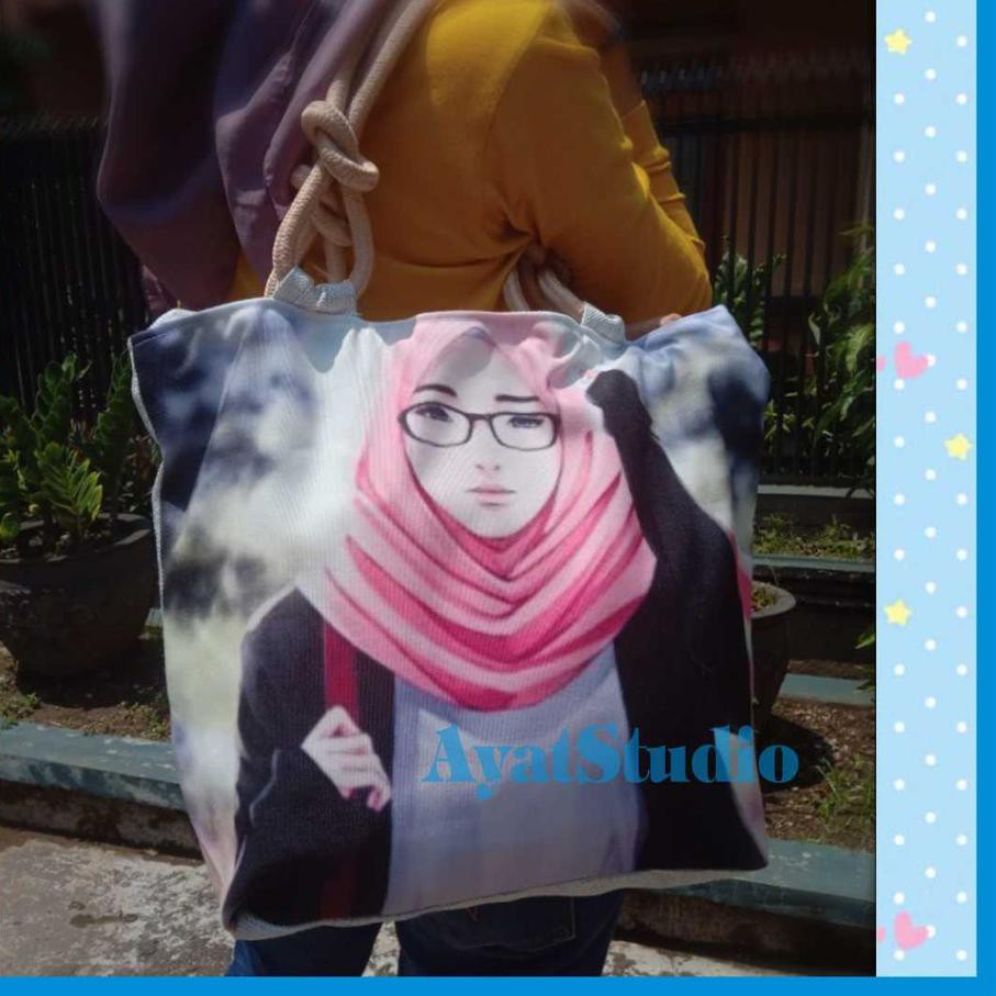 ãDiskonã Tote Bag Tali Sumbu Wanita Printing Kanvas Murah Simple Karakter Hijab Gambar Motif Muslima