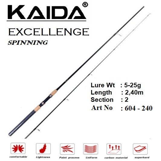 KAIDA EXCHELLENGE SPINNING 240 Fishing Rod Ultralight Weight, Joran Pancing Fiber Glass 2,4 M