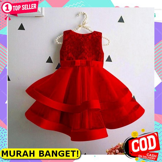 Baju Natal Anak Perempuan Gaun Dress Murah Remaja Tahun Import Kekinian Terbaru Warna Merah [Dress G