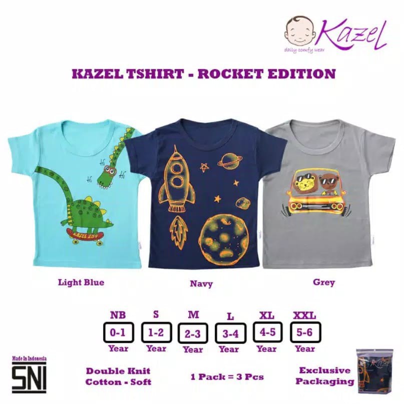 3 Pcs Tshirt Kazel Rocket Edition 0-5 Tahun