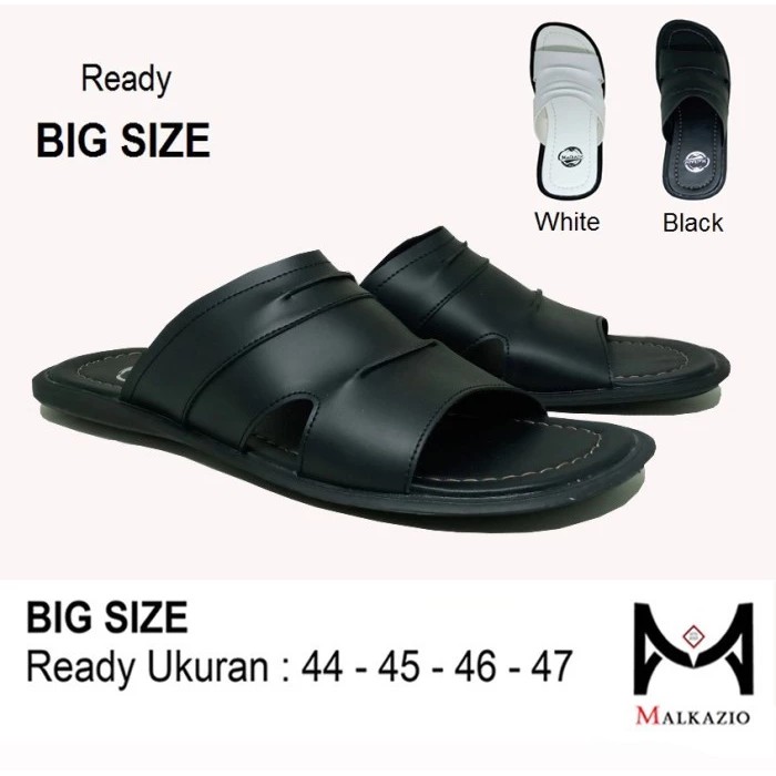 Sendal Kulit Ukuran Besar - Sandal Pria Big Size / Jumbo - Hitam Putih - Hitam sandal super jumbo