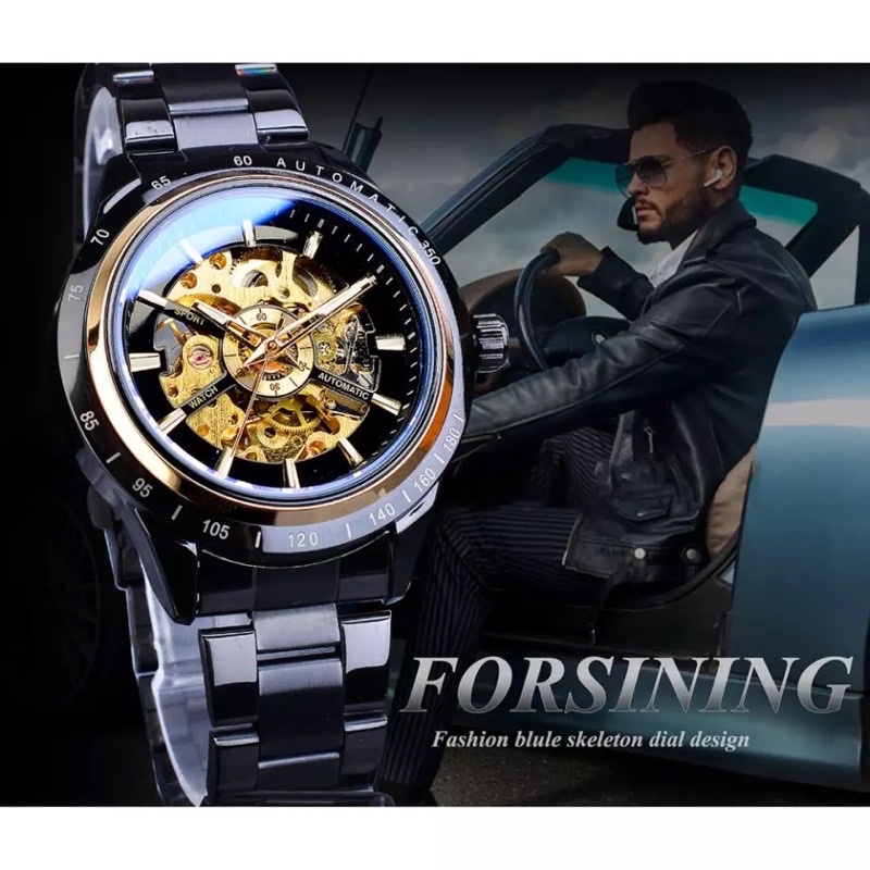 Jam Tangan Forsining Automatic Bisnis Sporty Racing Style Mewah Black Stainless Steel