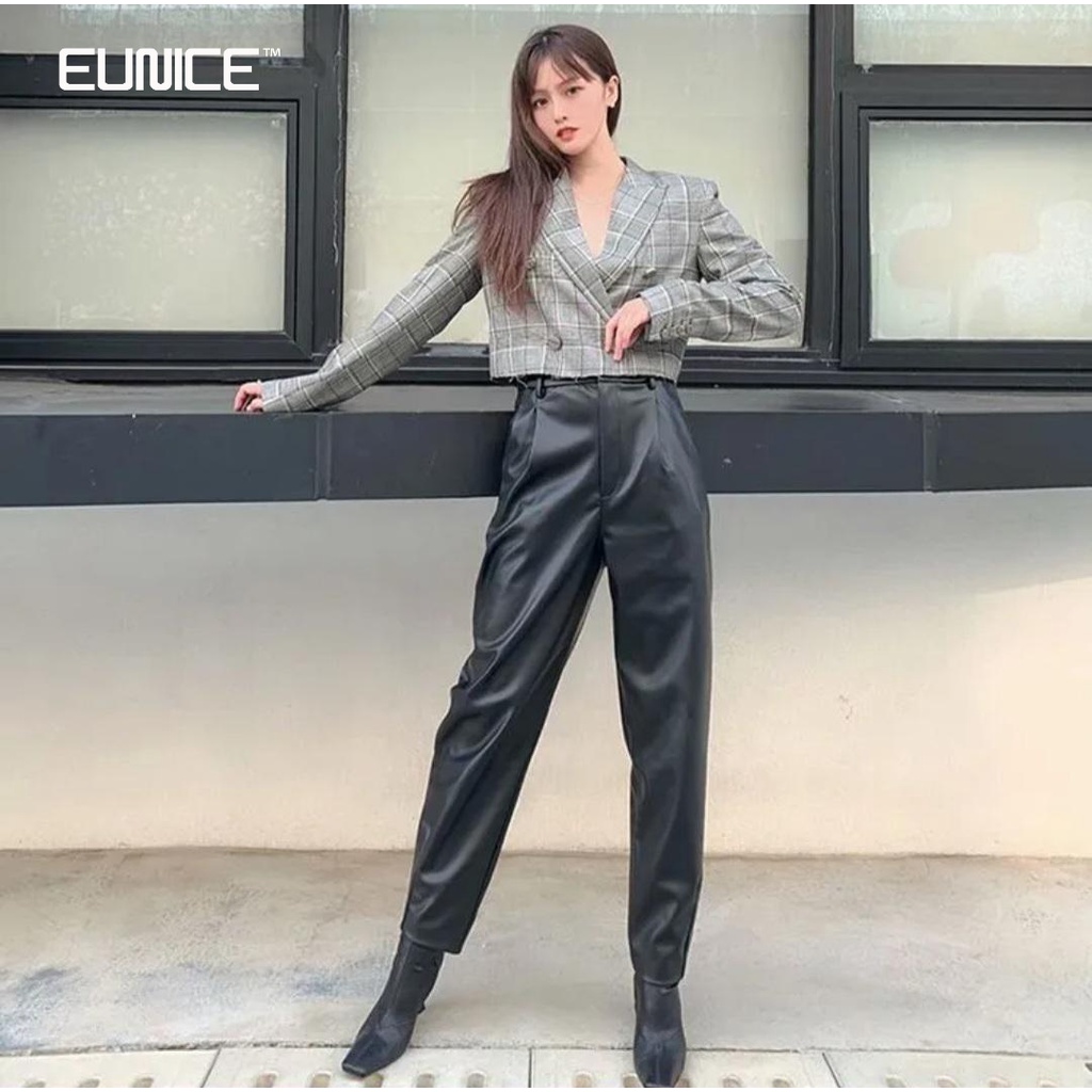 Eunice Celana Kulit Wanita Jogger Harem Pants - Hitam