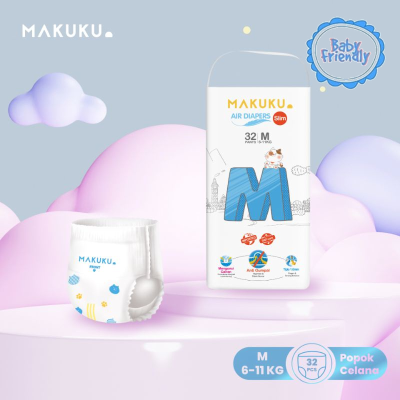 [BabyFriendly] MAKUKU Air Diapers Slim Pants M32 / Popok bayi Tipis SAP anti gumpal cepat kering sekali pakai tipe celana ukuran M