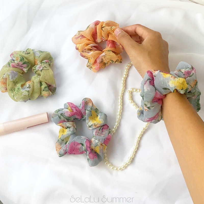 Floral Scrunchie - Scrunchie Bahan Sifon Motif Bunga/ Ikat Rambut Sifon Korea