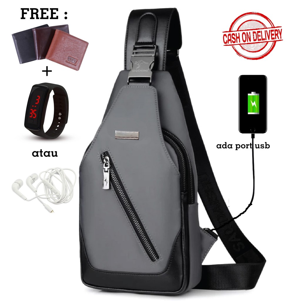 Tas Selempang Pria Murah Anti Air - LK Bag Hitam Navy dan Abu bonus Dompet + Jam Tangan LED/Headset