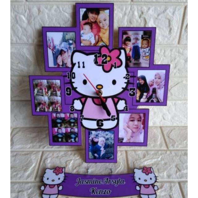 Jam Dinding Kayu Vintage Frame Foto Karakter Kartun Hellokity / Jam Foto Kado Unik lucu Murah