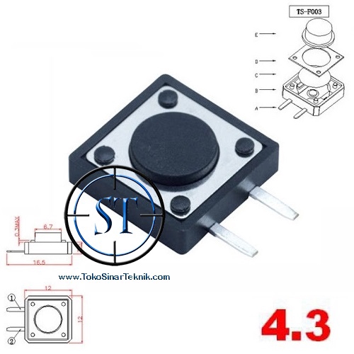 Mini Tact Switch 12x12mm 2 Pin 2 Kaki Tacticle Taktikel Switch Touch Saklar Mini TV Televisi On Off Momentary Tombol Tekan 12mm Kotak Segi