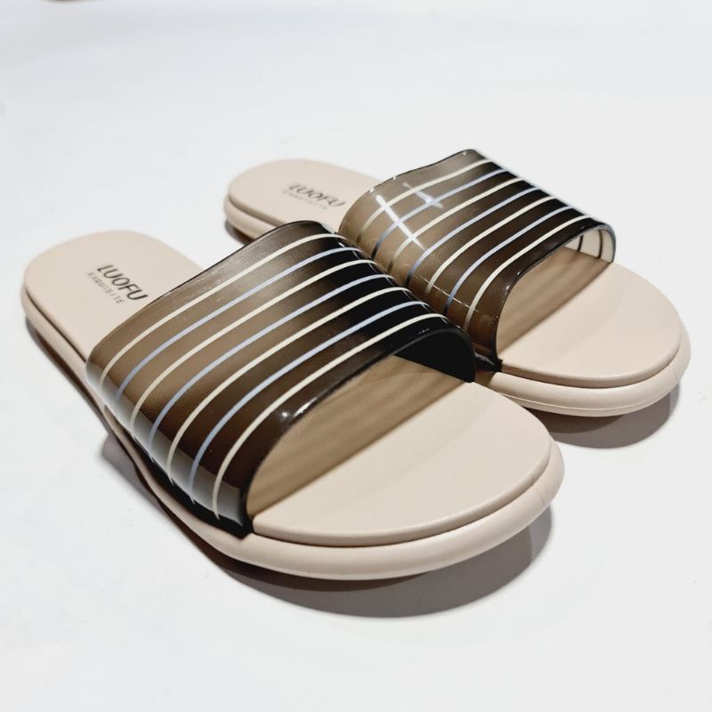 sandal wanita selop kokop Luofu terbaru nyaman sandal Luofu jelly kekinian motif selop garis garis sandal wanita empuk terbaru