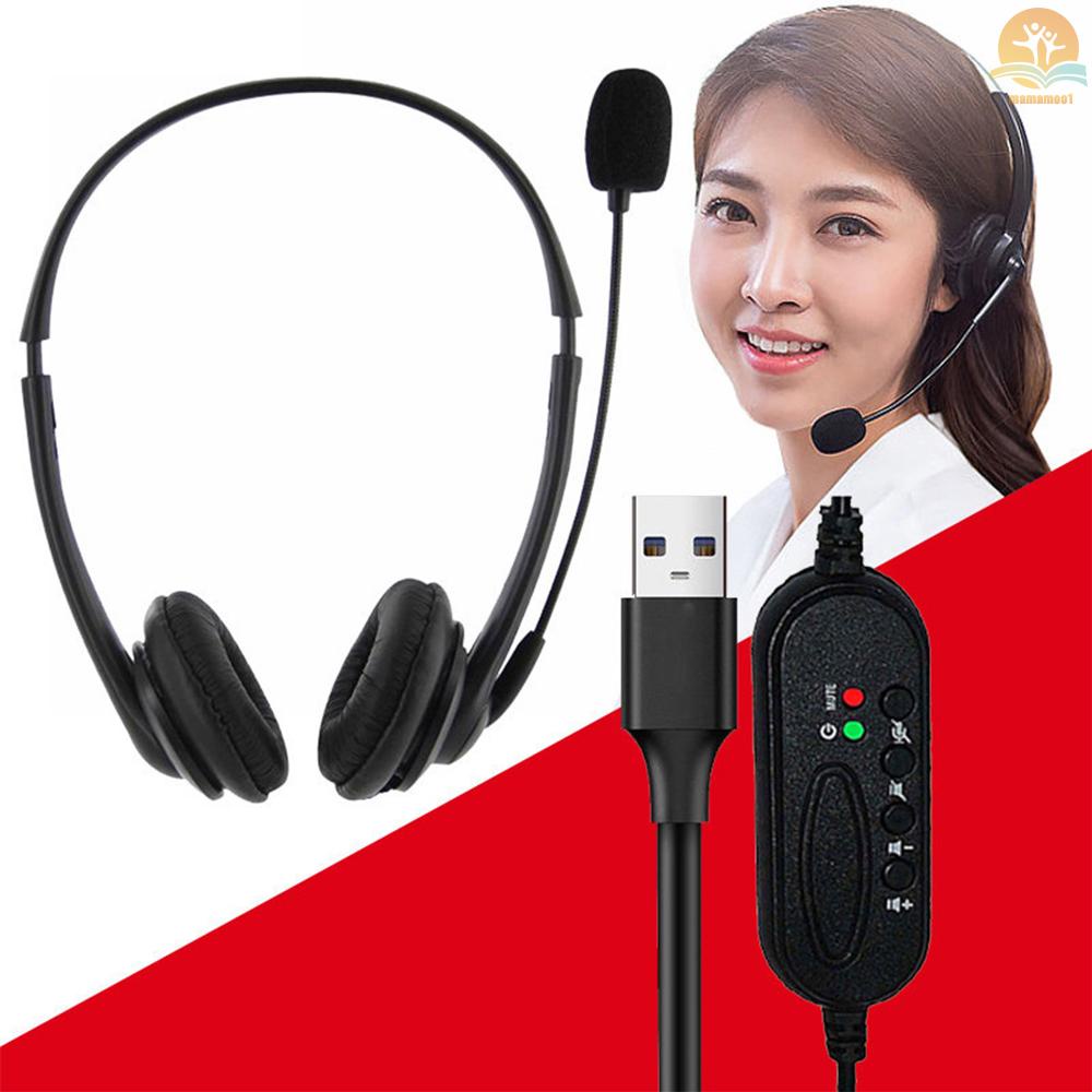 USB Plug Corded Headset Hands-Free Binaural Headphone with Noise Cancelling Microphone Mute Volume Control Button for Office Call Center Computer PC Laptop