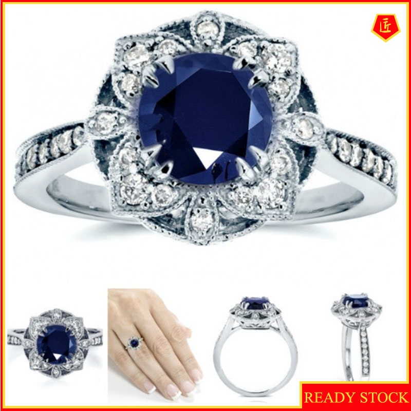 [Ready Stock]European and American Fashion Carat Diamond Ring Inlaid Sapphire Flower Ring