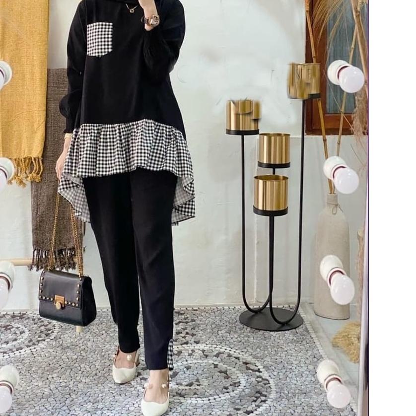 ➾ Baju Setelan Wanita Kekinian Setcel Terbaru Set Tunik dan Celana Kiyomi Katun Kotak Kotak Murah ♣