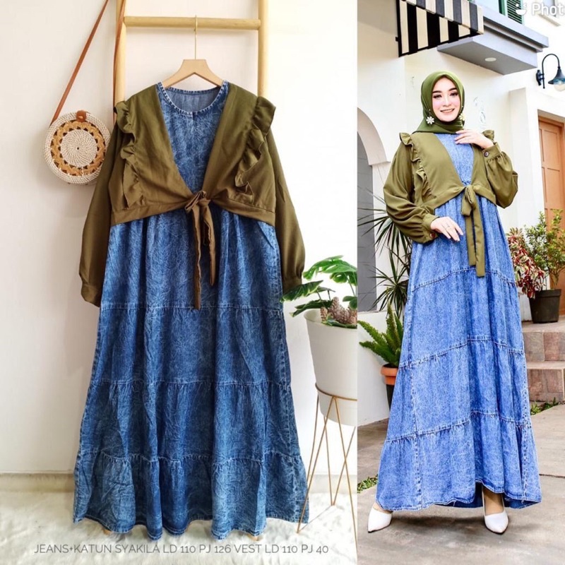 DRESS JEANS - JEANS MIX KATUN - DRESS WANITA KATUN MIX JEANS - DRESS JEANS MIX KATUN SYAKILA - DRESS