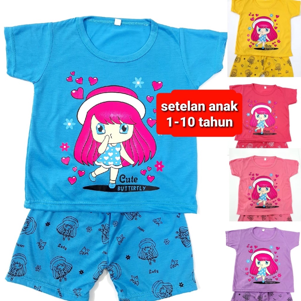 setelan anak perempuan 1-10 thun lengan pendek celana PDK SML XL kaos cewek baju tidur topi girl Grosir