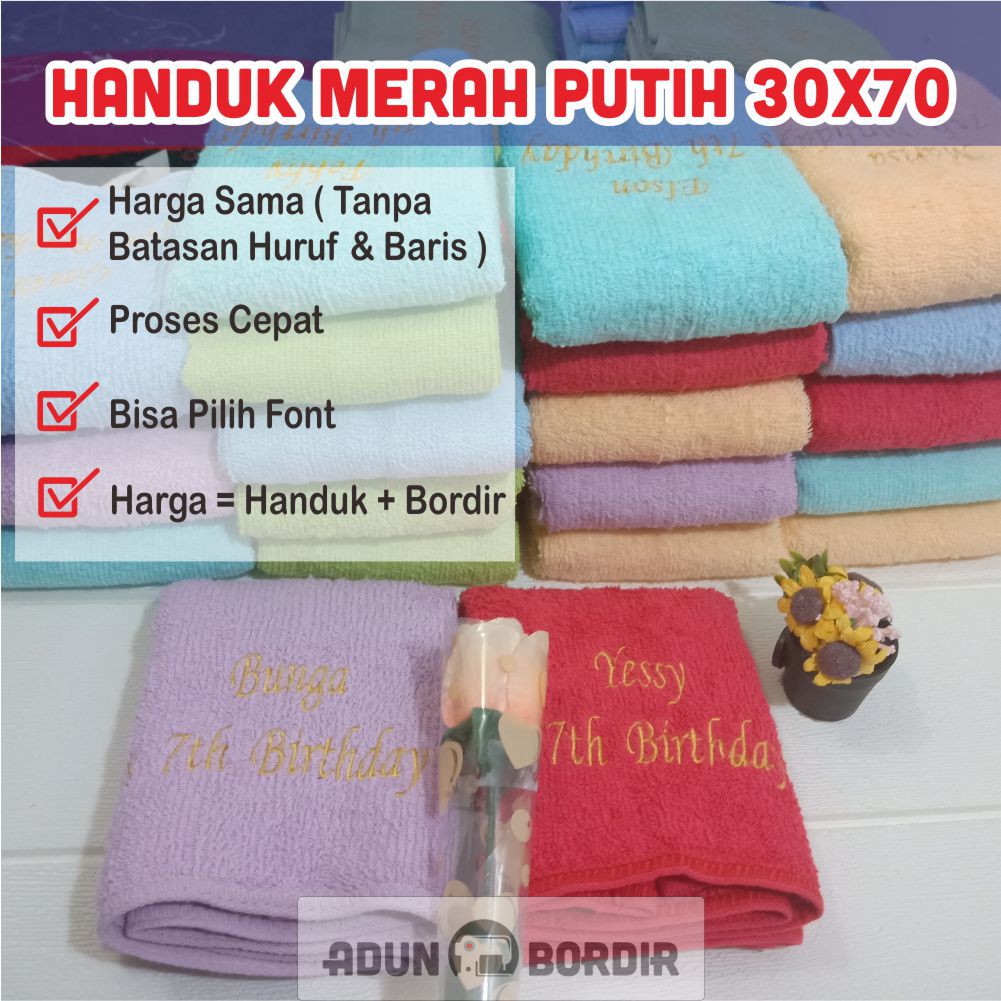 Souvenir Handuk Merah Putih Bordir Custom Ukuran 30 X 70 Cm