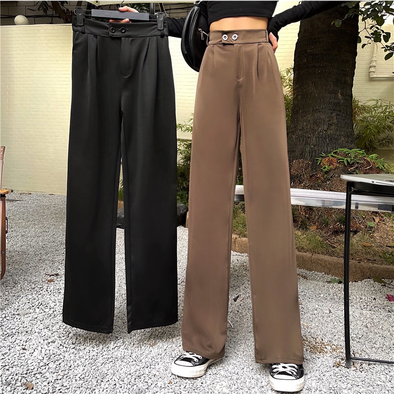 yikoo-Celana panjang dua kancing setelan high waist pants casual wanita