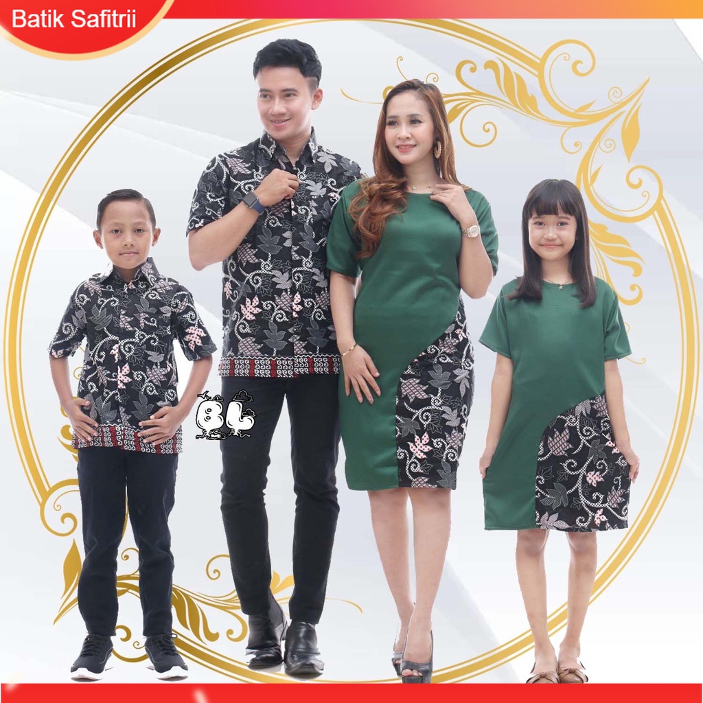 Couple Keluarga - Batik Keluarga Natal - Ibu Bapak Anak - Motif Kombinasi Moscrep Hijau - Dress Tuni