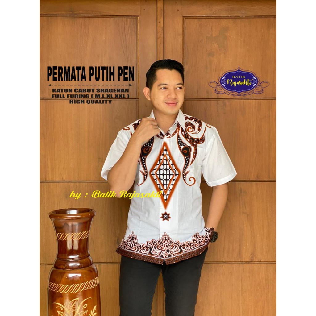 PERMATA PUTIH Kemeja Batik Pria Lengan Pendek Katun Halus FULL FURING Rajasakti