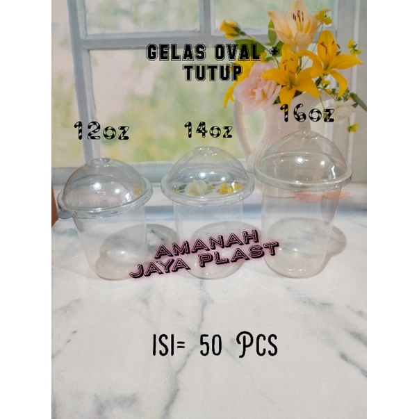 (50pcs) Gelas Plastik Oval 12oz 14oz 16oz + Tutup Cembung / U Cup + Tutup Cembung