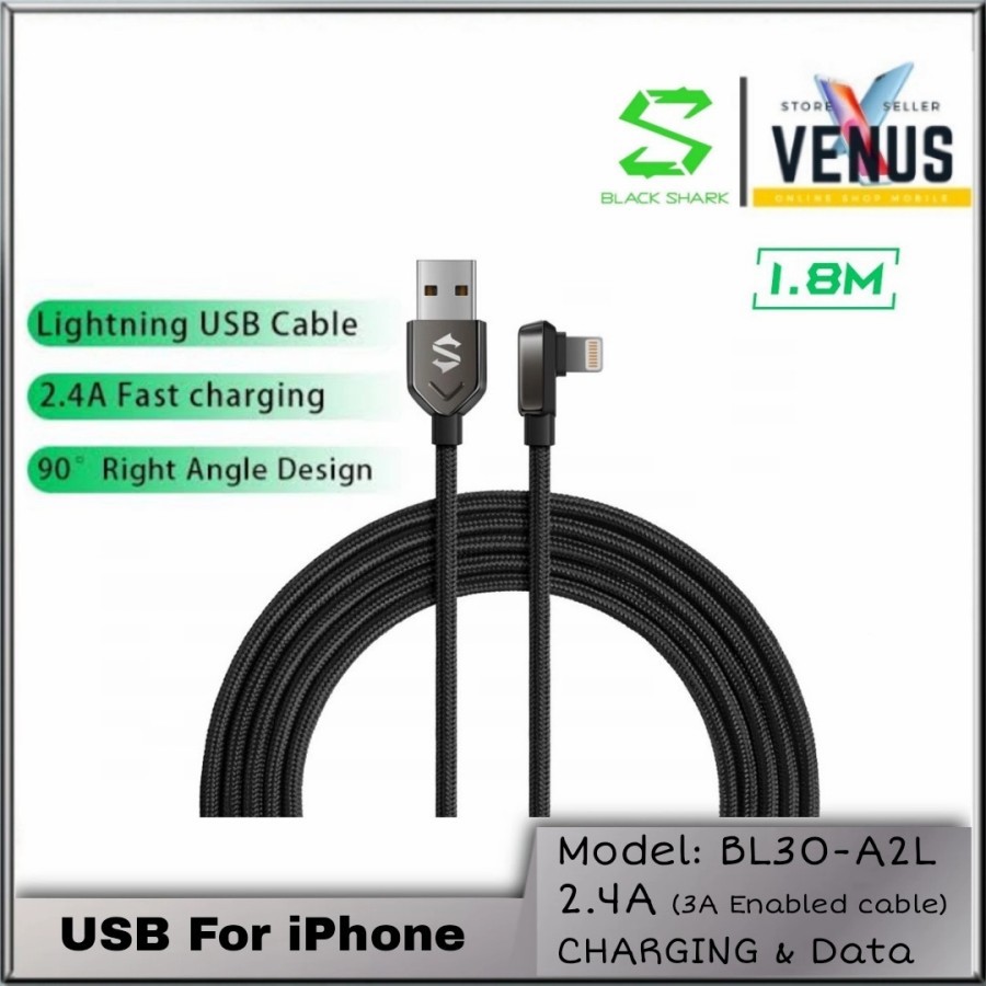 Black Shark Right Angle Cable USB-A to Lightning 1.8m For IPhone