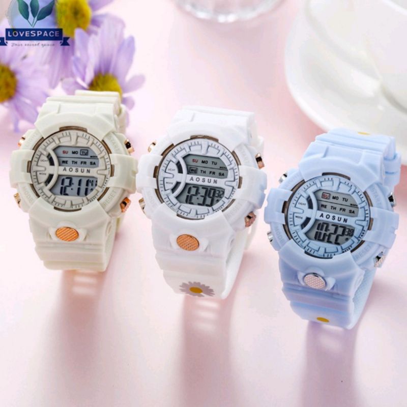 JAM TANGAN WANITA SPORT BUNGA DAISY DIGITAL STRAP RUBBER BUNGA BULAT TERMURAH