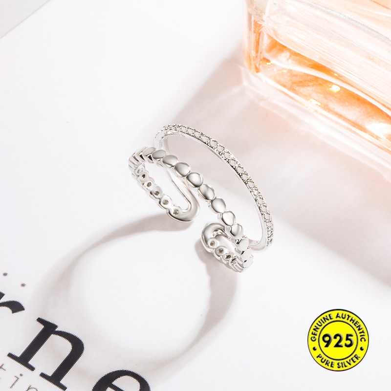 Cincin Model Terbuka Lapis Ganda Bahan S925 Silver Aksen Zirkon Untuk Wanita