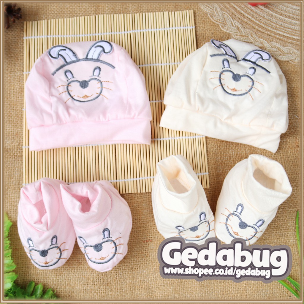 Topi Bayi Jack Cotton Motif Rabit / Set Topi + Kaos Kaki - gedabug