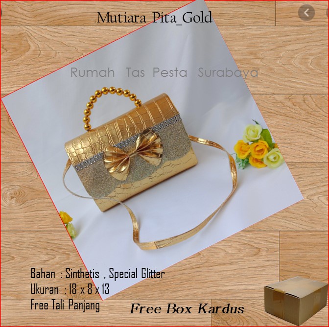 Tas Kekinian,Tas Satin,Tas Clutch,Mutiara Pita_Gold