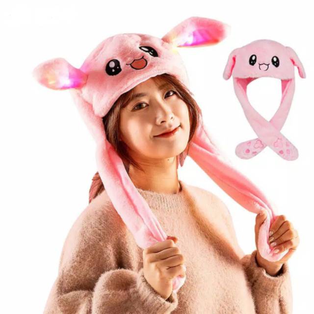 Topi Kelinci LED model kupluk tiktok Bunny Hat Dance Kuping Gerak T06