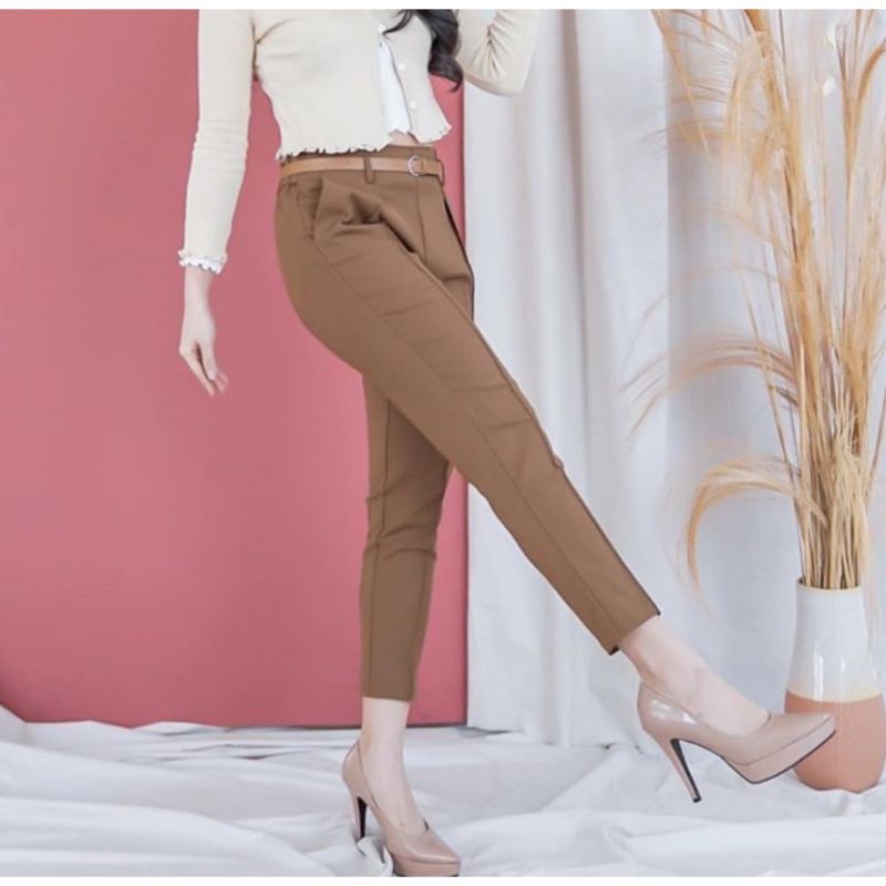 celana bahan upgrade premium cropped trousers with belt