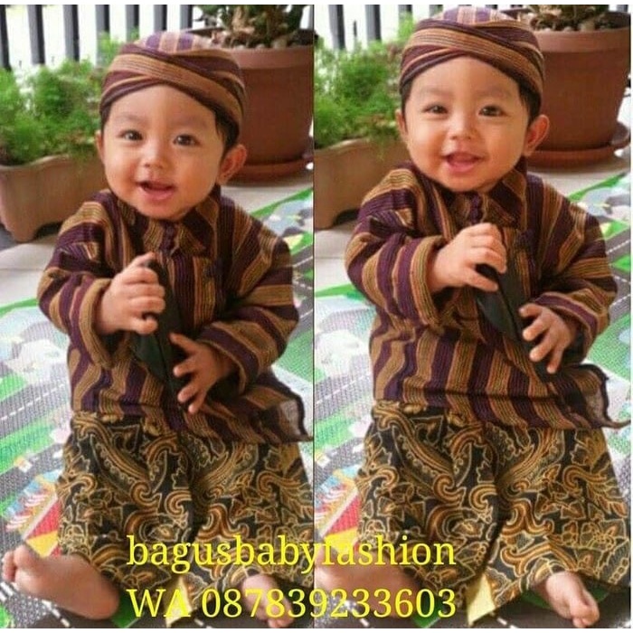 WS baju surjan lurik adat jawa bayi mudun lemah set blangkon - S 1 - 2 tahun, Hijau