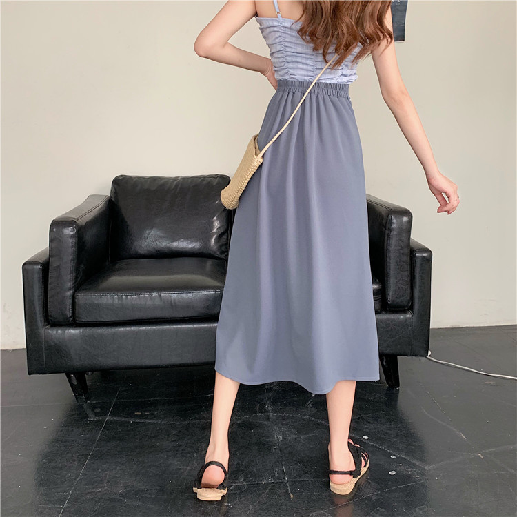 Rok A-line panjang pinggang tinggi ramping kasual wanita Korea warna solid